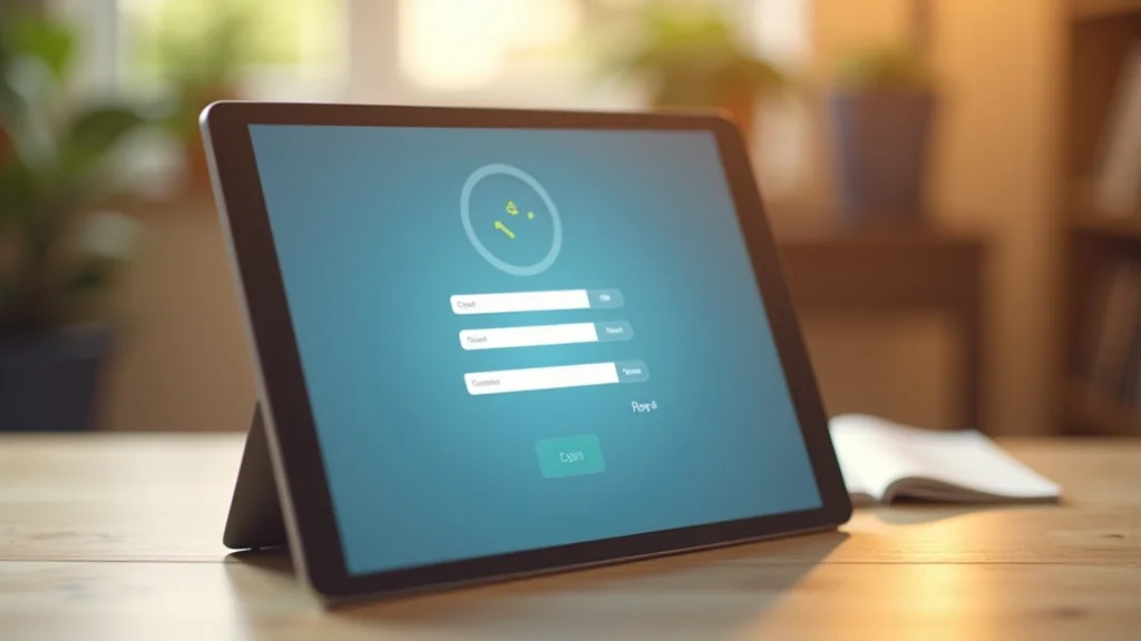 Tablet op een houten bureau naast een notitieblok