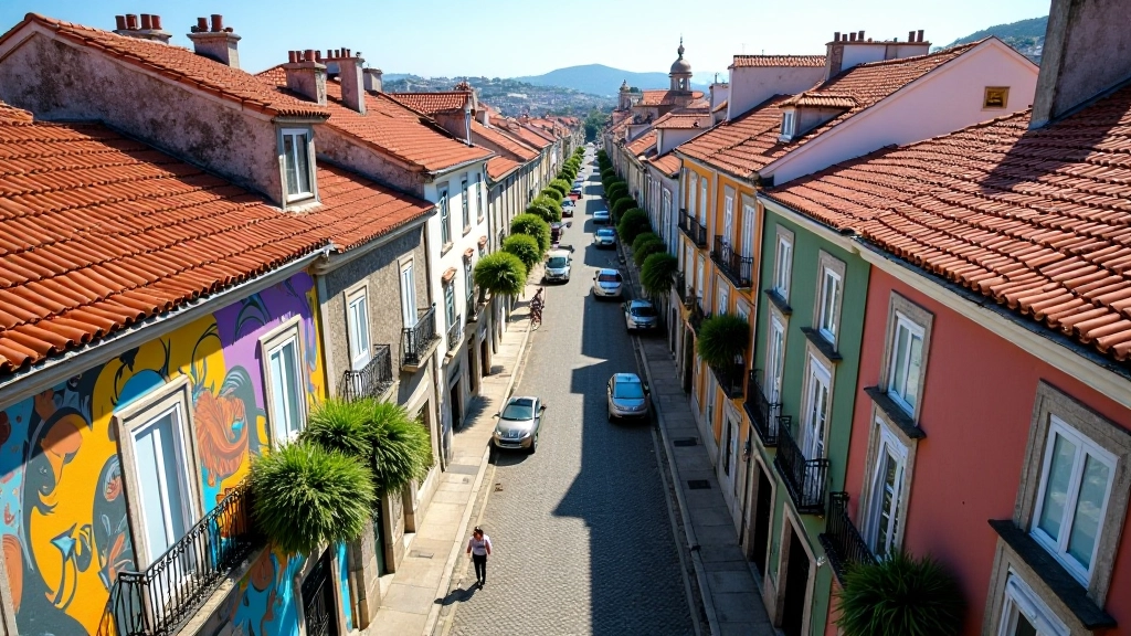 Vista aérea da rua Miguel Bombarda com múltiplos murais coloridos em edifícios históricos