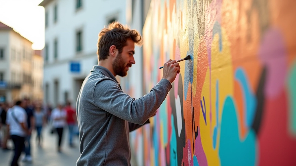 Artista pintando um grande mural colorido numa parede urbana de Lisboa, com público observando o processo criativo