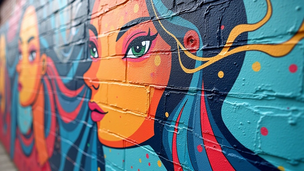 Detalhe de um mural com personagens abstratas e cores em transição suave num muro de tijolo