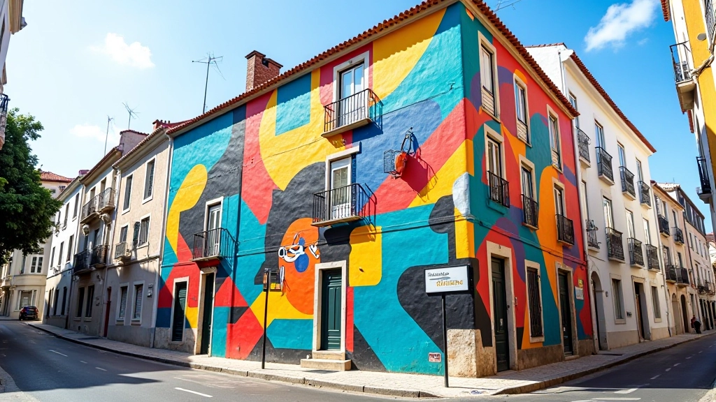 Detalhe de mural colorido com design geométrico e padrões abstratos numa fachada de edifício urbano