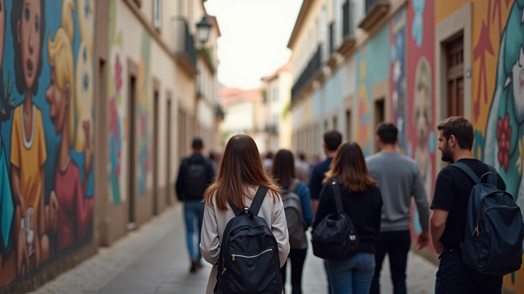 Grupo de turistas com guia durante um passeio a pé pela cidade, observando murais e arte urbana nas ruas