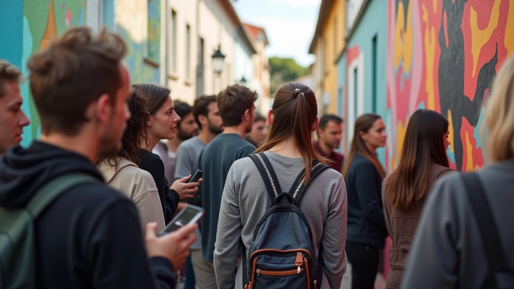 Grupo de visitantes observando artista urbano a trabalhar num mural, com instruções e documentação do processo