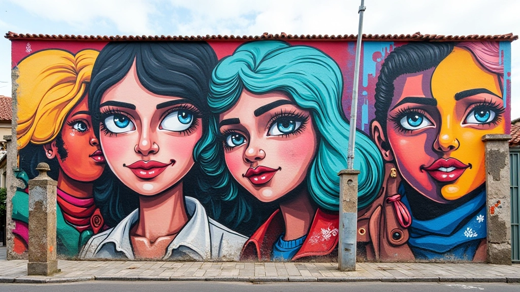 Muro coberto com múltiplos estilos de street art, da arte abstrata ao retrato realista, mostrando a diversidade artística urbana
