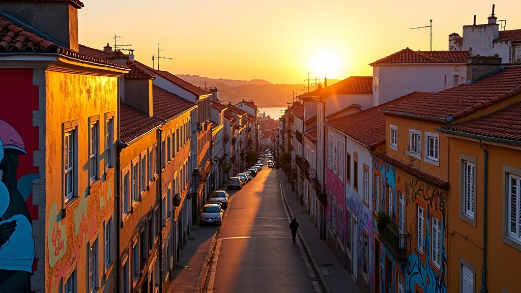 Panorama de múltiplos murais coloridos na rua Miguel Bombarda ao pôr do sol