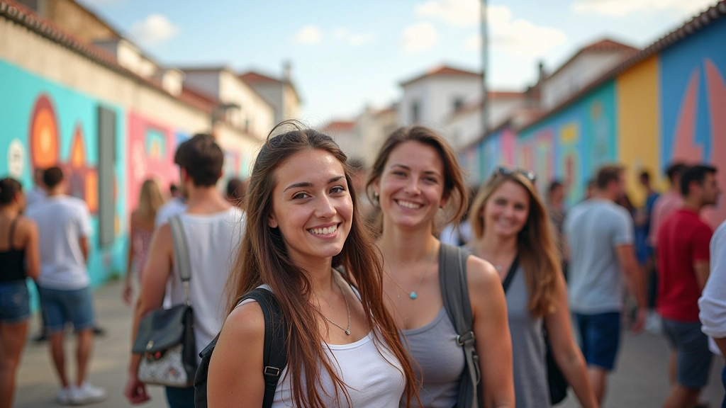 Multidão de visitantes num festival de arte urbana, rodeada de murais e instalações de arte, com atmosfera festiva e colorida