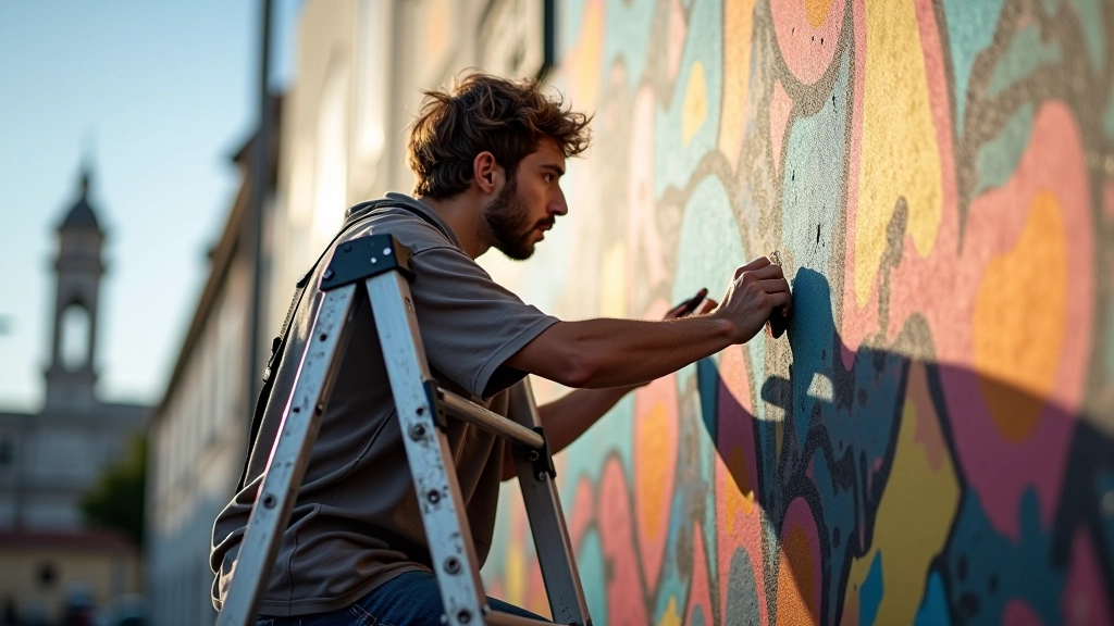 Artista numa escada aplicando detalhes num mural de grande escala com pincel e spray