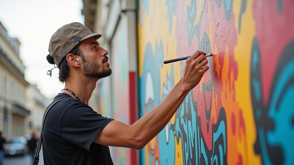 Artistas trabalhando em mural urbano em Lisboa