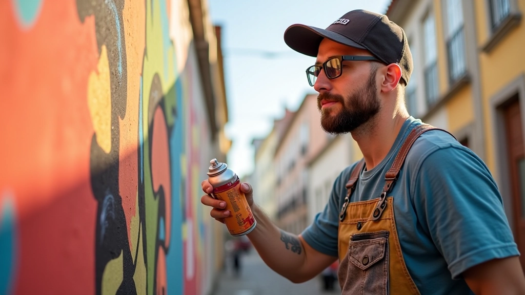 Artista urbano pintando um grande mural em Porto, utilizando spray paint com cores vibrantes num dia ensolarado