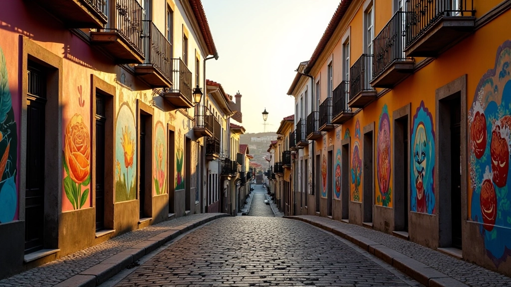 Rua em cidade pequena portuguesa com murais de arte urbana, cores vibrantes contra arquitetura tradicional, luz do pôr do sol