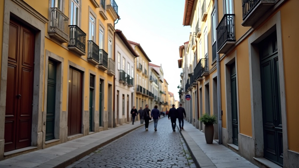 Vista da rua Miguel Bombarda com edifícios históricos renovados, lojas pequenas, pessoas a caminhar