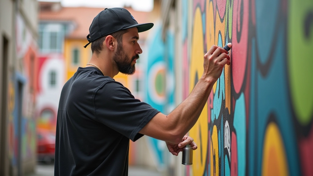 Artista urbano trabalhando em mural de grande escala, com ferramentas profissionais de arte de rua