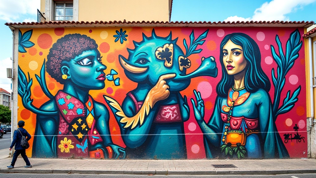 Mural urbano colorido na rua, com arte abstrata e criativa em parede de edifício português